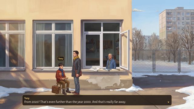 Adam talks to young Tony in the snow, 1982
