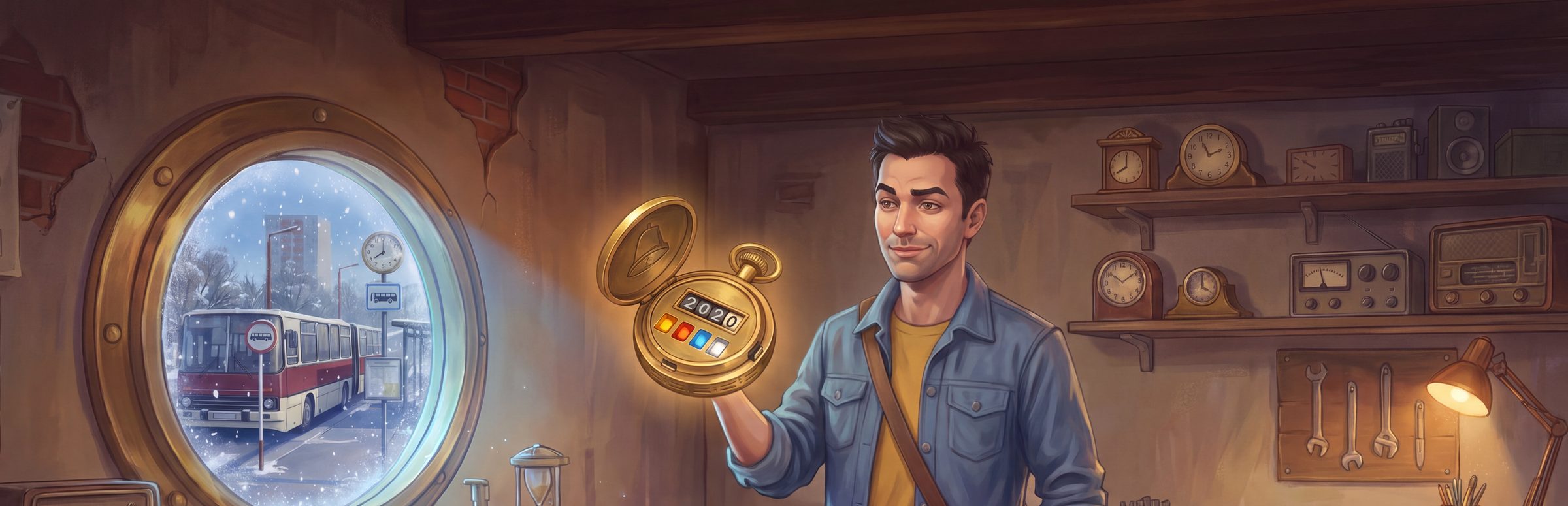 Adam holds up a glowing brass pocket chronometer in a workshop; through a round window a 1982 bus stop lies in snow.